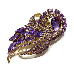 Runway Style Textured Gold Statement Brooch Covered in Light Purple Rhinestones